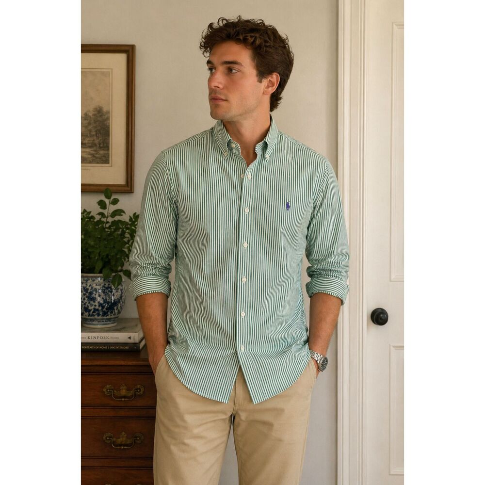 Polo Ralph Lauren Green White L Striped Button Up Shirt Men Classic Fit Cotton H